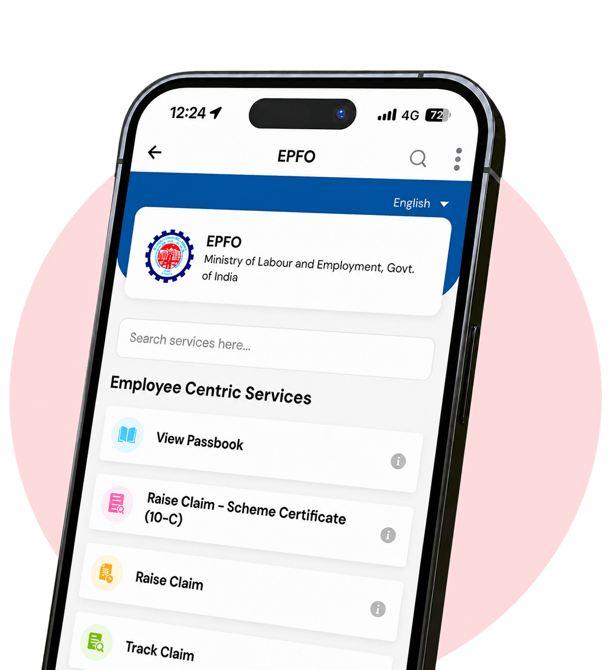EPFO services displayed in the UMANG mobile app
